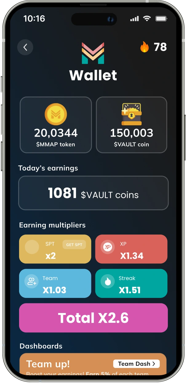 MapMetrics rewards system interface demonstrating VAULT token earning through mapping contributions