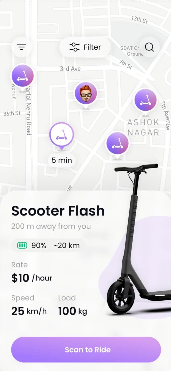 MapMetrics-powered scooter rental app demonstrating location-based micro-mobility solutions and real-time vehicle tracking