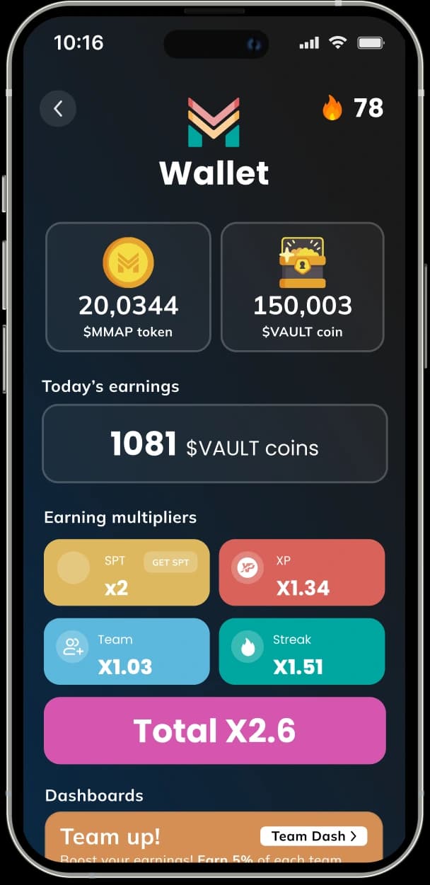 MapMetrics rewards system interface demonstrating VAULT token earning through mapping contributions